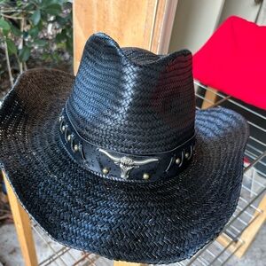 Black cowboy hat w/band. Woven wicker